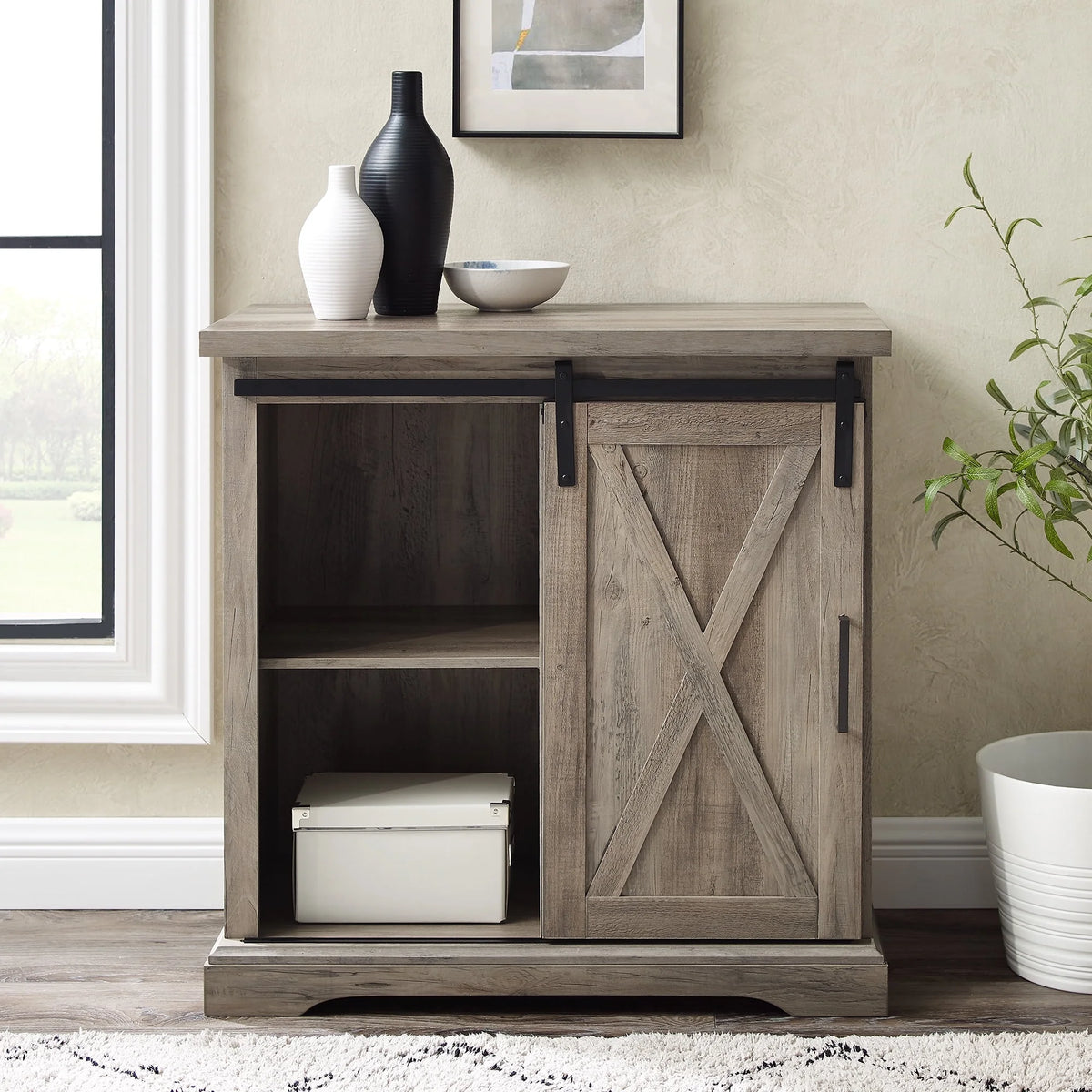 Grey Wash Sliding Barn Door Accent Cabinet N652114