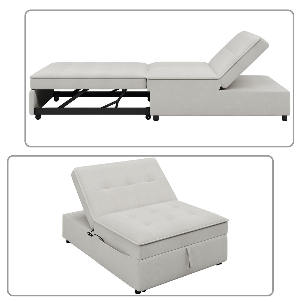 White Linen Fabric Convertible Chair with Charging Station and Side Pocket S37339