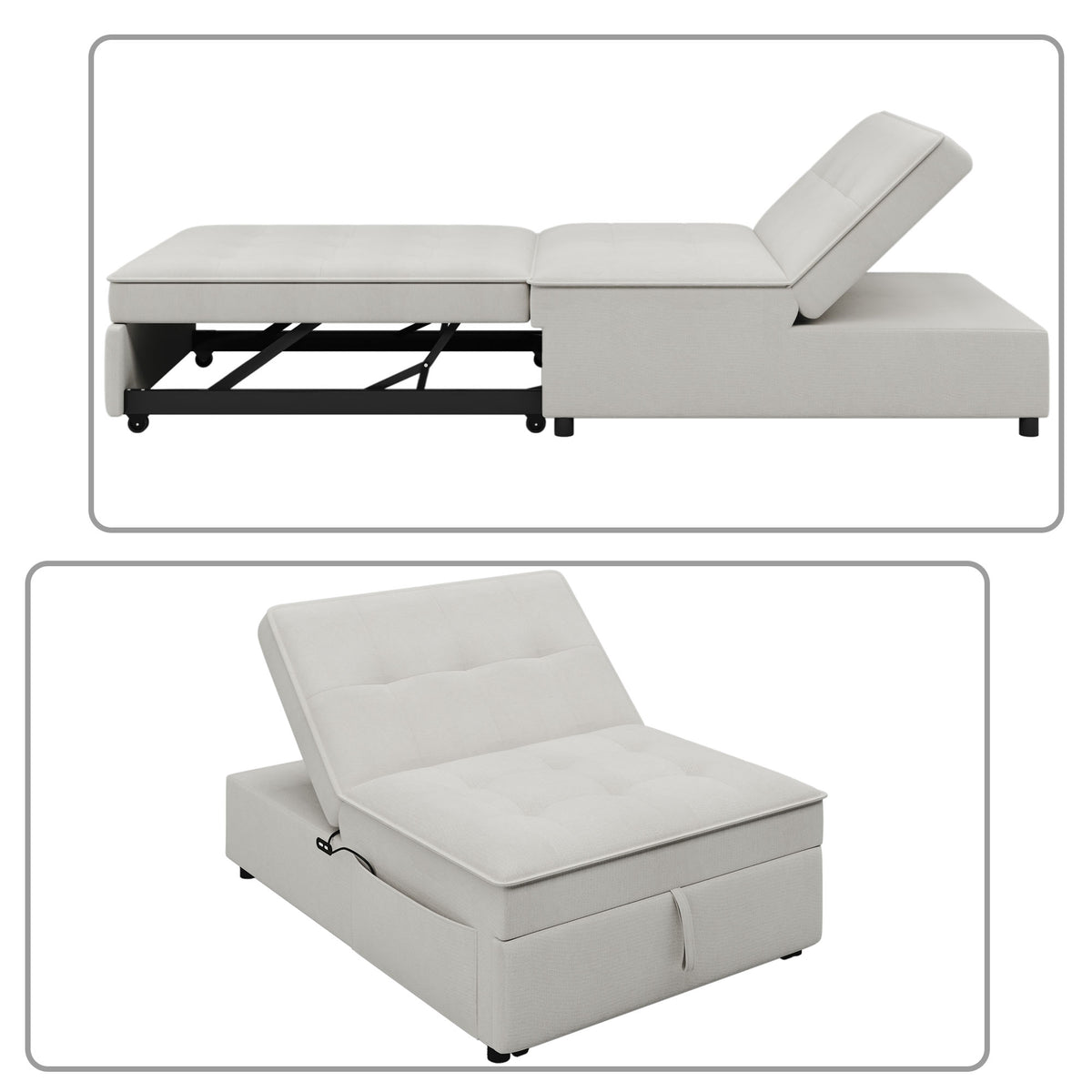 White Linen Fabric Convertible Chair with Charging Station and Side Pocket S37339
