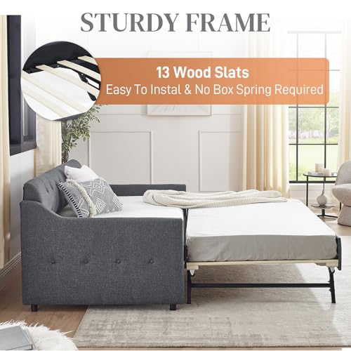 Beige Twin Daybed with Pop Up Trundle, Upholstered Sofa Bed Frame with Button Tufting Linen Trim, Wood Slats A4093