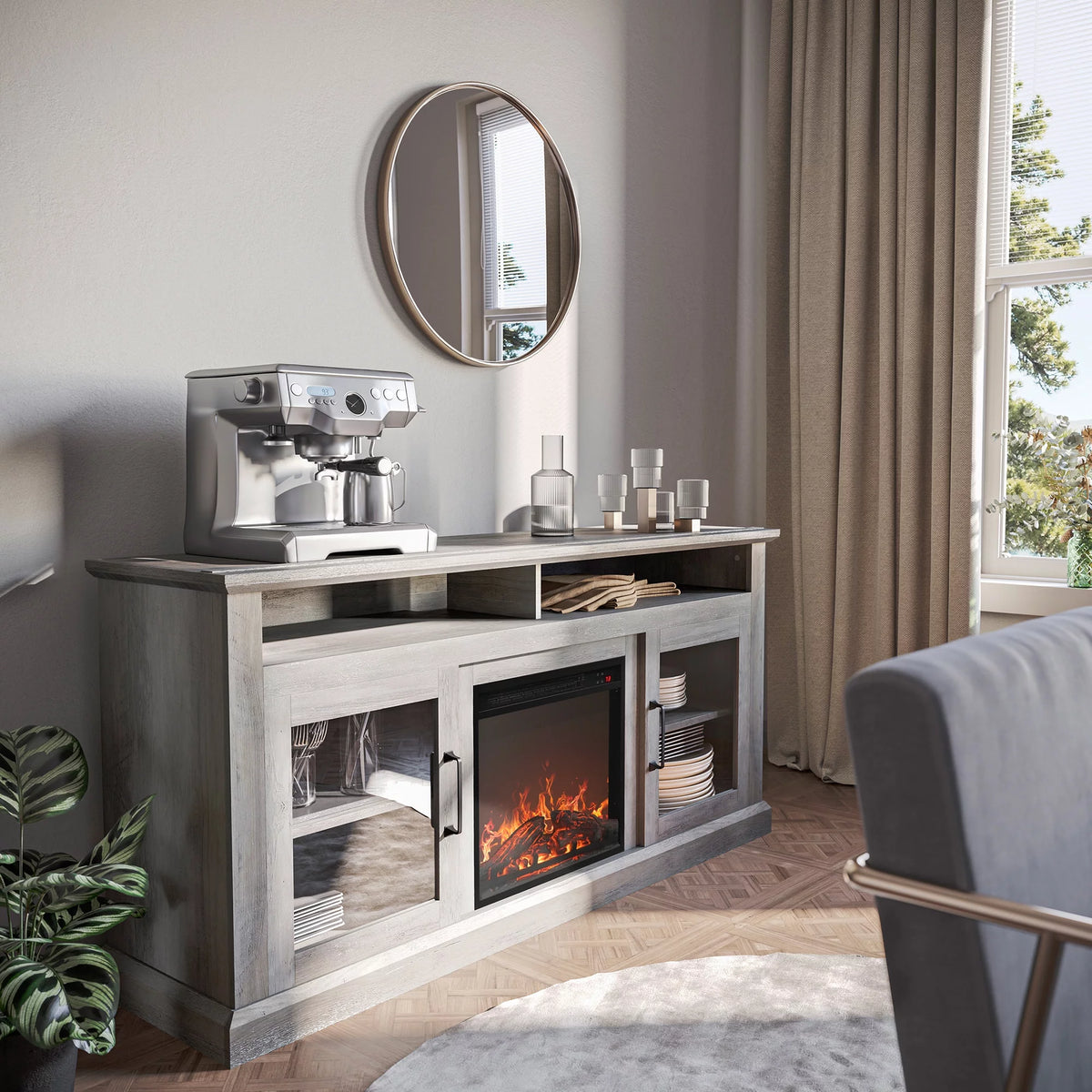 Gray Wash TV Stand with Fireplace V320