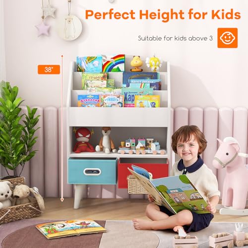 White Wooden Kids Bookshelf with 2 Cube Bins E662131
