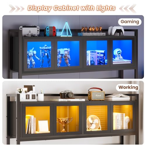 Rustic Brown L Shaped Gaming Desk with Drawers, Hutch, Storage Shelves, Pegboard, Led Lights, and Power Outlet D163