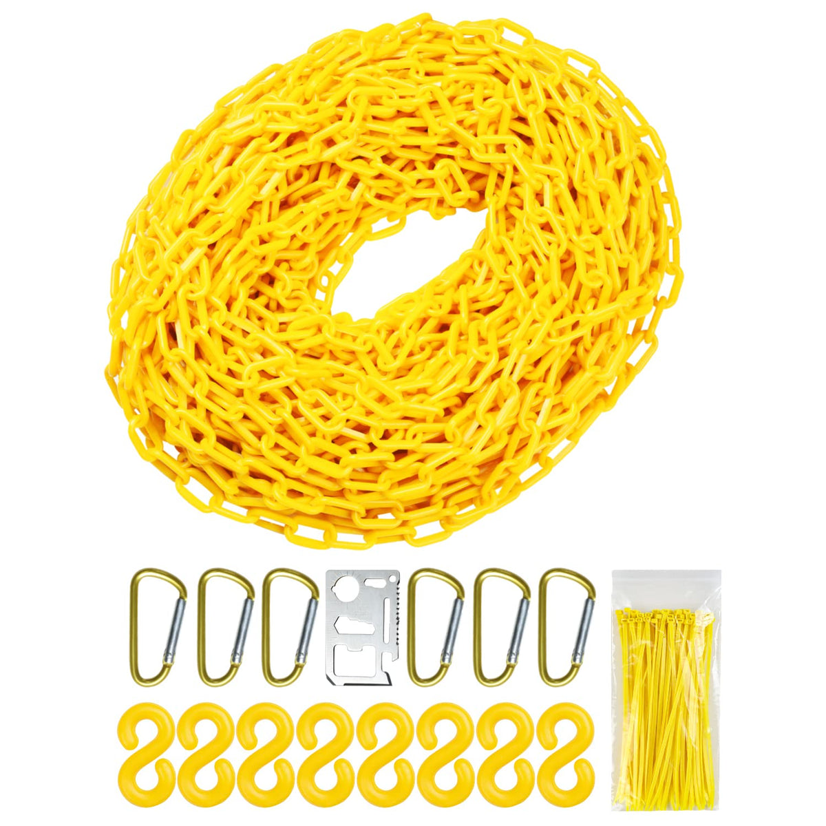 Yellow Plastic Safety Barrier Chain with Carabiner D Rings, S-Hooks, and Zip Ties I8220
