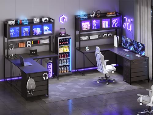 Rustic Brown L Shaped Gaming Desk with Drawers, Hutch, Storage Shelves, Pegboard, Led Lights, and Power Outlet D163