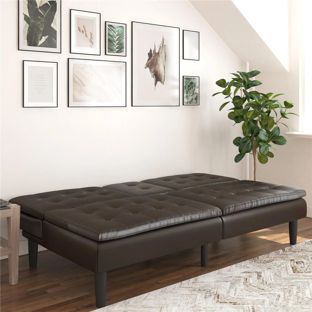 Memory Foam Futon with Cupholder and USB, Camel Faux Leather T805