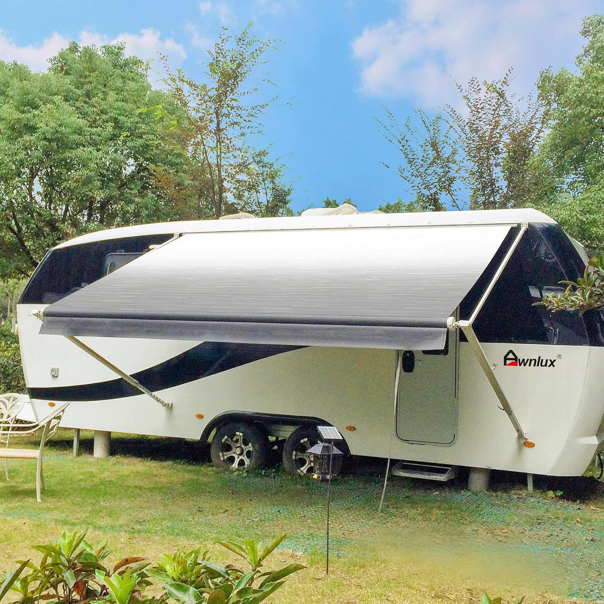 White Manual Modular Retractable RV Awning Full Set Assemblies, 10x8 Ft, Black Strip G51883