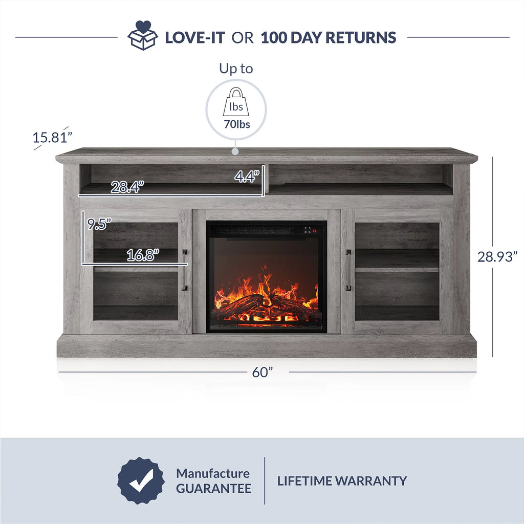 Gray Wash TV Stand with Fireplace V320