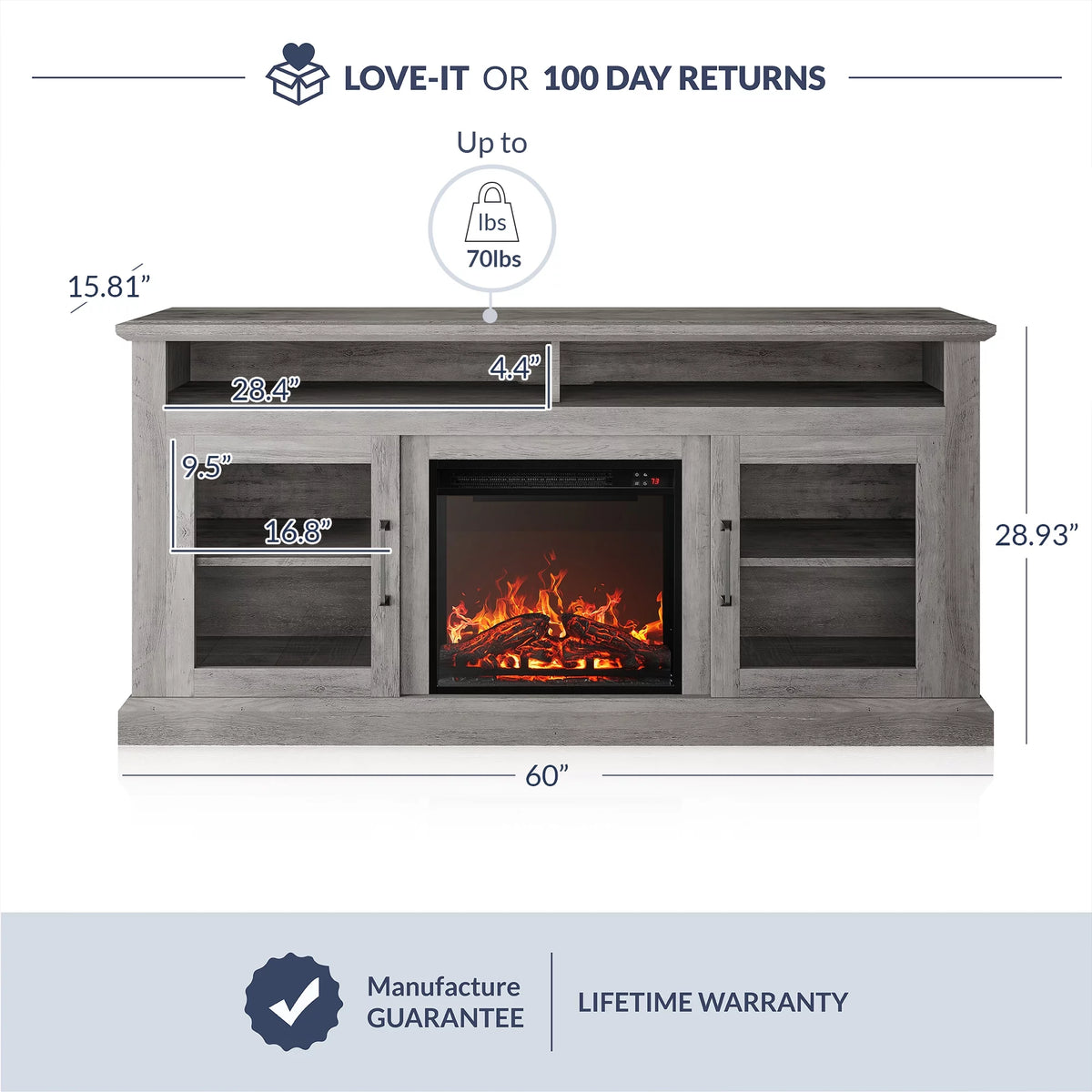 Gray Wash TV Stand with Fireplace V320