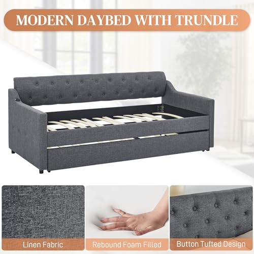 Beige Twin Daybed with Pop Up Trundle, Upholstered Sofa Bed Frame with Button Tufting Linen Trim, Wood Slats A4093