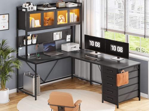 Rustic Brown L Shaped Gaming Desk with Drawers, Hutch, Storage Shelves, Pegboard, Led Lights, and Power Outlet D163