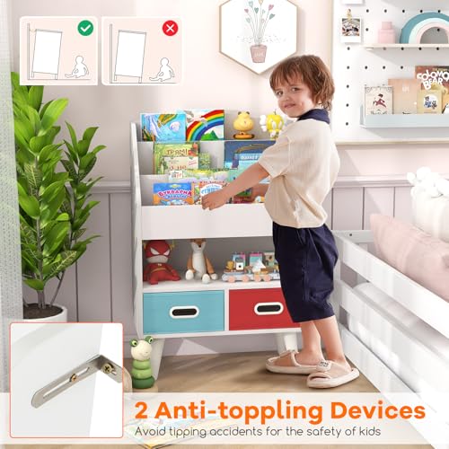White Wooden Kids Bookshelf with 2 Cube Bins E662131