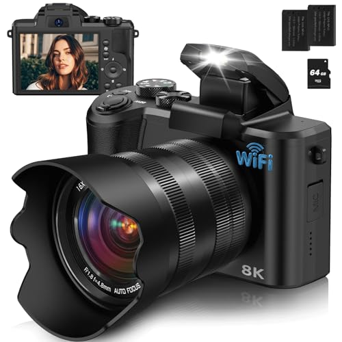 8K Digital Camera, 88MP, WiFi, Touch Screen, 16X Zoom, Autofocus, Anti-Shake, Dual Camera, 2 Batteries, 64GB Card, Flash, Lens Hood A4405