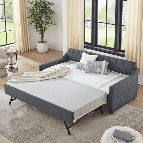 Beige Twin Daybed with Pop Up Trundle, Upholstered Sofa Bed Frame with Button Tufting Linen Trim, Wood Slats A4093