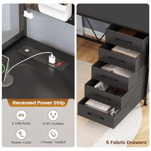 Rustic Brown L Shaped Gaming Desk with Drawers, Hutch, Storage Shelves, Pegboard, Led Lights, and Power Outlet D163
