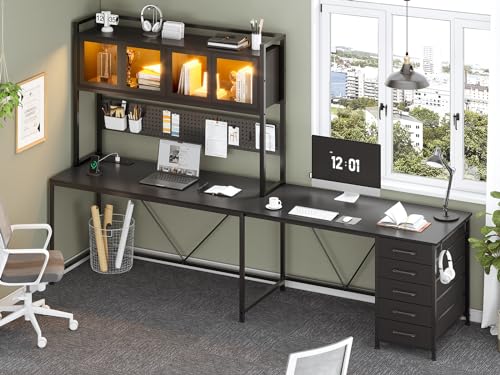 Rustic Brown L Shaped Gaming Desk with Drawers, Hutch, Storage Shelves, Pegboard, Led Lights, and Power Outlet D163