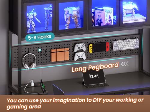 Rustic Brown L Shaped Gaming Desk with Drawers, Hutch, Storage Shelves, Pegboard, Led Lights, and Power Outlet D163