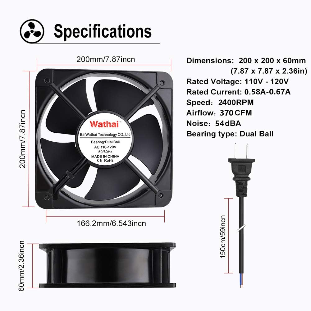 200mm x 60mm Dual Ball 110V 120V Industrial Cooling Fan Pack of 2 A841701