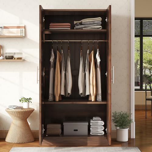 Brown Wooden Armoire Closet with 3-Shelves and Hanging Rail L7910