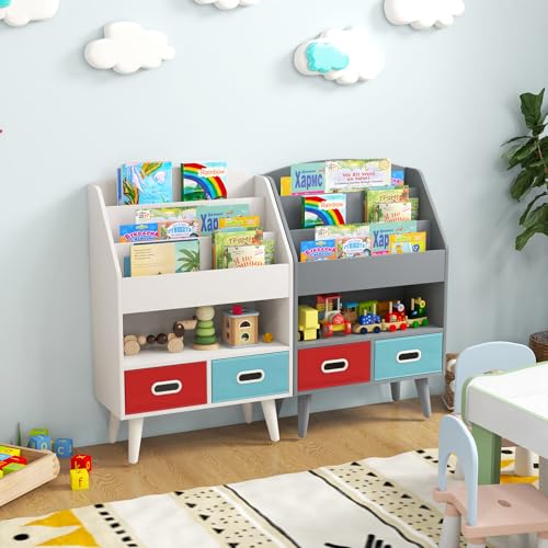 White Wooden Kids Bookshelf with 2 Cube Bins E662131