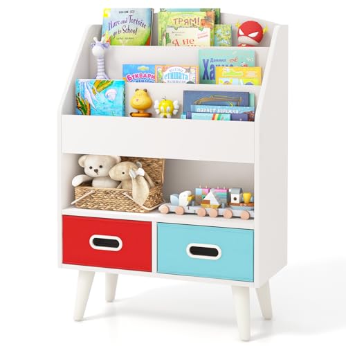 White Wooden Kids Bookshelf with 2 Cube Bins E662131