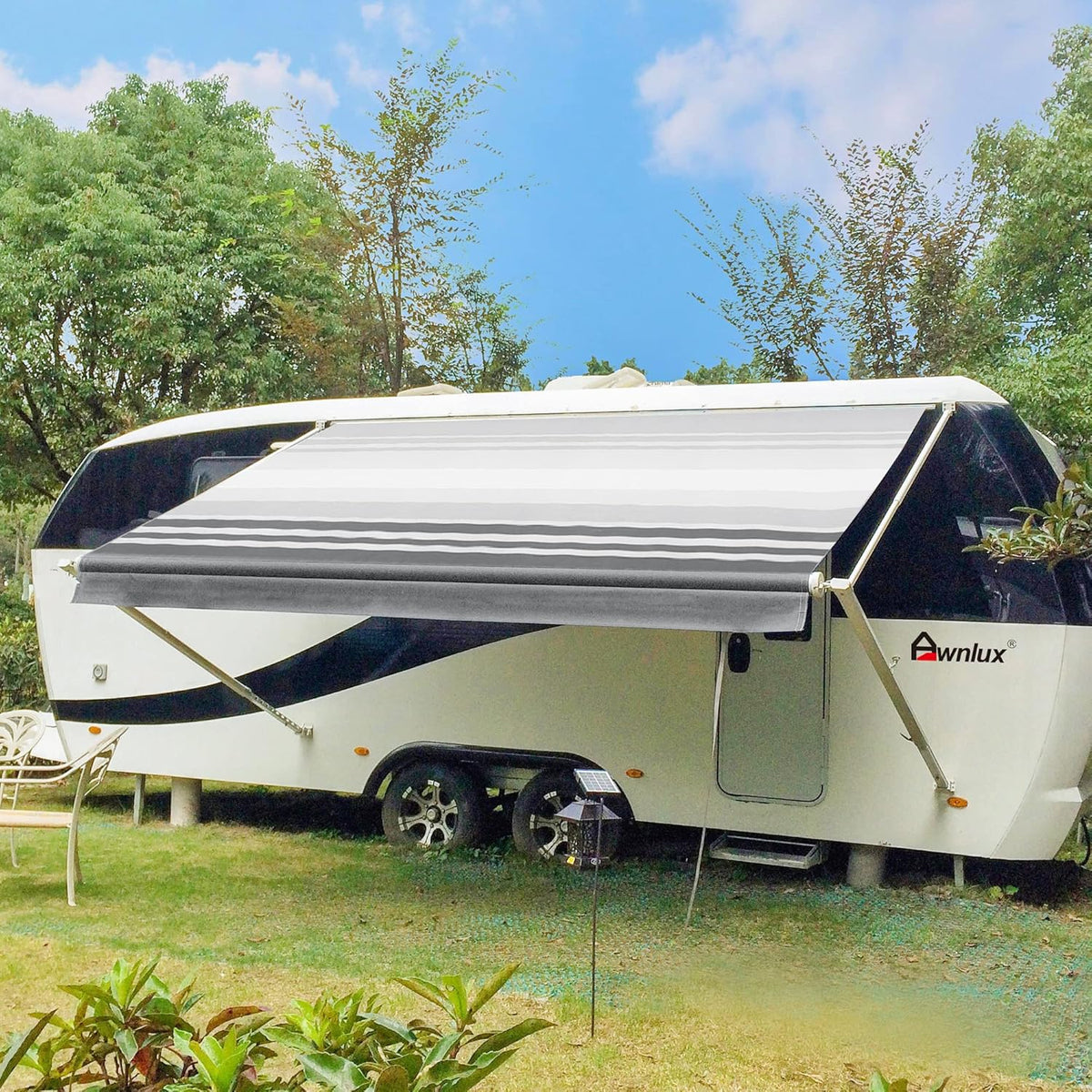 White Manual Modular Retractable RV Awning Full Set Assemblies, 10x8 Ft, Black Strip G51883