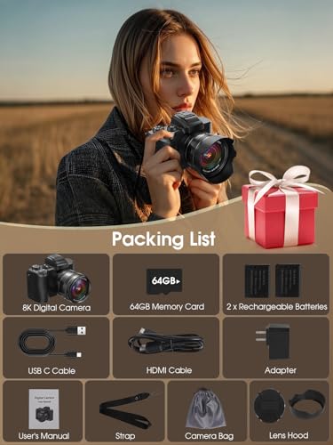 8K Digital Camera, 88MP, WiFi, Touch Screen, 16X Zoom, Autofocus, Anti-Shake, Dual Camera, 2 Batteries, 64GB Card, Flash, Lens Hood A4405