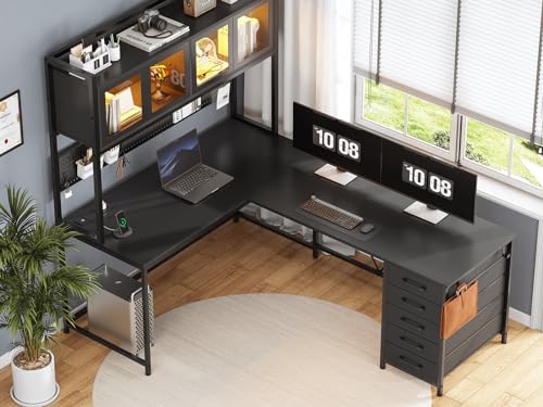 Rustic Brown L Shaped Gaming Desk with Drawers, Hutch, Storage Shelves, Pegboard, Led Lights, and Power Outlet D163