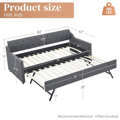 Beige Twin Daybed with Pop Up Trundle, Upholstered Sofa Bed Frame with Button Tufting Linen Trim, Wood Slats A4093