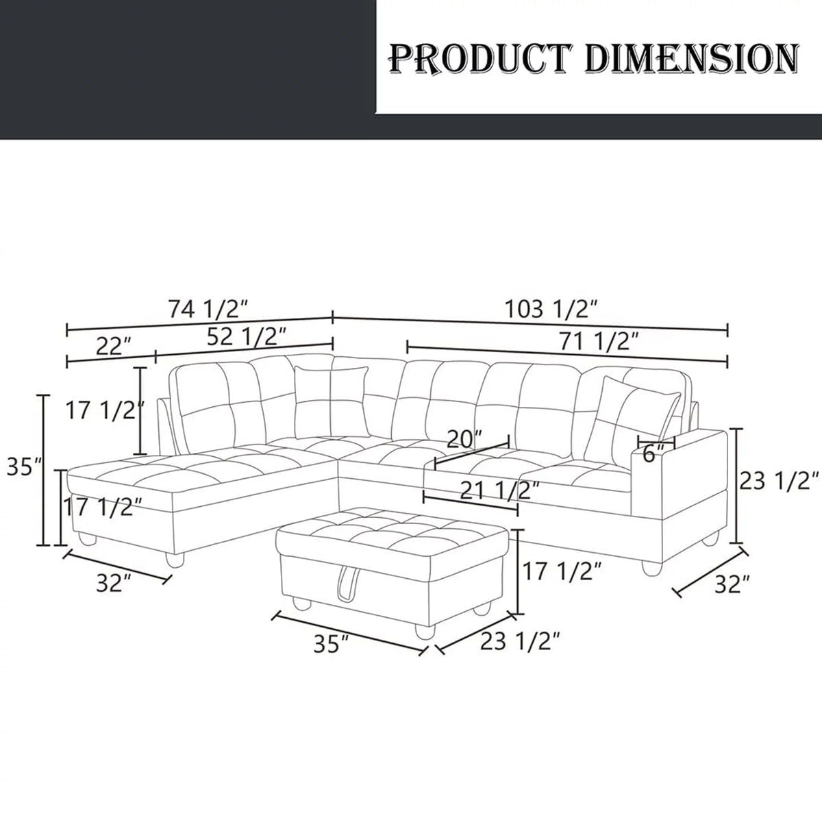 Blue PU Leather L-Shaped Sectional Sofa with Storage Ottoman B32724