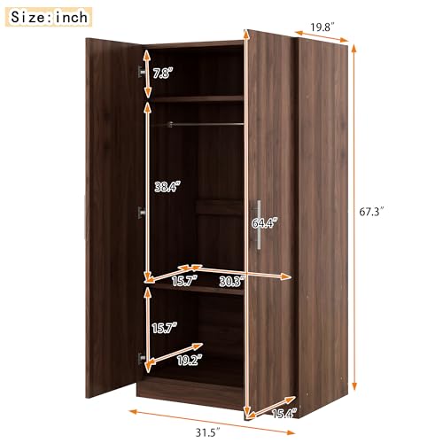 Brown Wooden Armoire Closet with 3-Shelves and Hanging Rail L7910