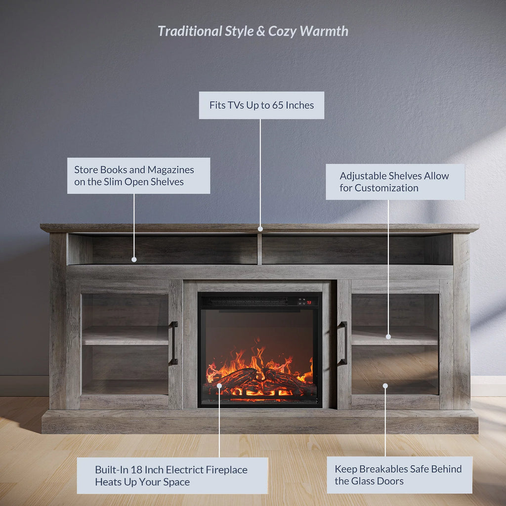 Gray Wash TV Stand with Fireplace V320