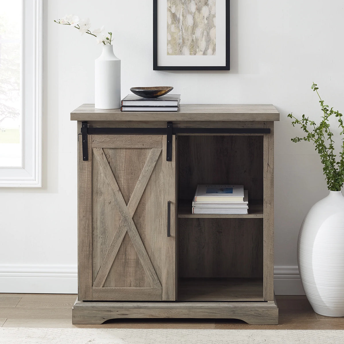 Grey Wash Sliding Barn Door Accent Cabinet N652114