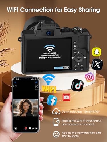 8K Digital Camera, 88MP, WiFi, Touch Screen, 16X Zoom, Autofocus, Anti-Shake, Dual Camera, 2 Batteries, 64GB Card, Flash, Lens Hood A4405
