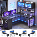 Rustic Brown L Shaped Gaming Desk with Drawers, Hutch, Storage Shelves, Pegboard, Led Lights, and Power Outlet D163