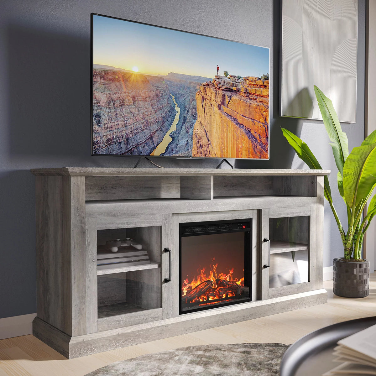 Gray Wash TV Stand with Fireplace V320