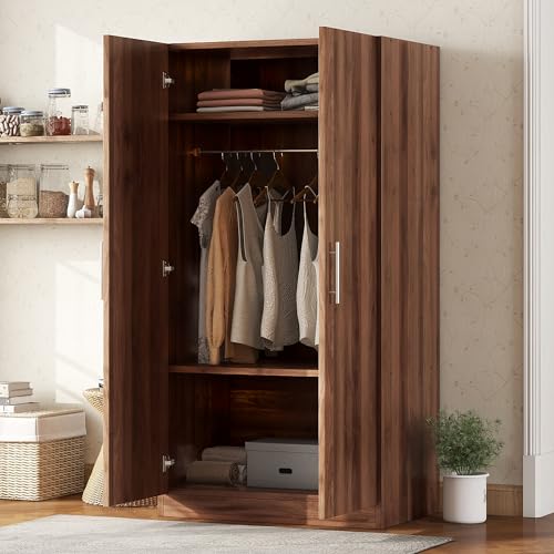 Brown Wooden Armoire Closet with 3-Shelves and Hanging Rail L7910