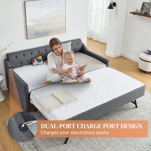 Beige Twin Daybed with Pop Up Trundle, Upholstered Sofa Bed Frame with Button Tufting Linen Trim, Wood Slats A4093