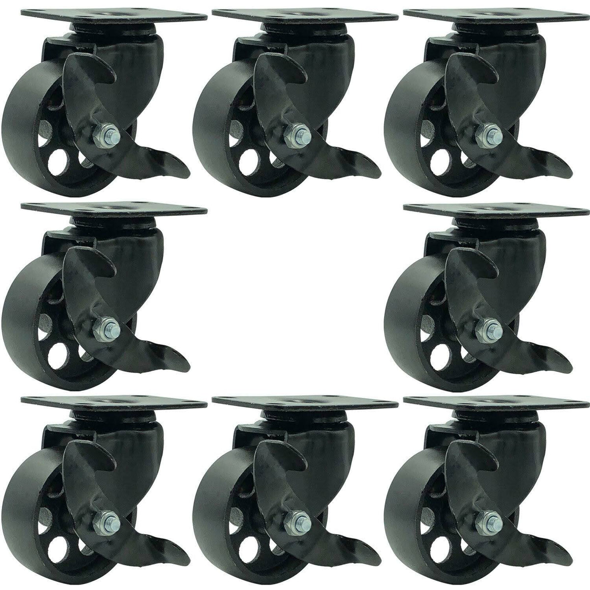 8 All Black Metal Swivel Plate Caster Wheels with Brake B366