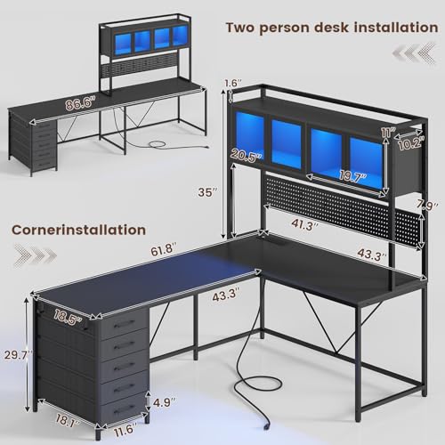 Rustic Brown L Shaped Gaming Desk with Drawers, Hutch, Storage Shelves, Pegboard, Led Lights, and Power Outlet D163