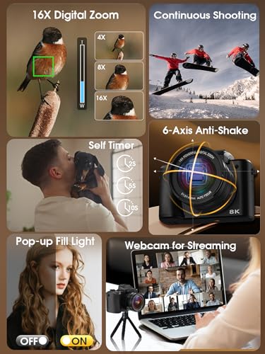8K Digital Camera, 88MP, WiFi, Touch Screen, 16X Zoom, Autofocus, Anti-Shake, Dual Camera, 2 Batteries, 64GB Card, Flash, Lens Hood A4405