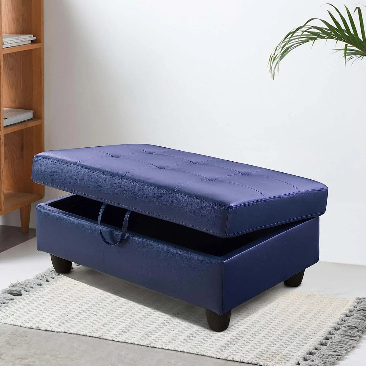 Blue PU Leather L-Shaped Sectional Sofa with Storage Ottoman B32724