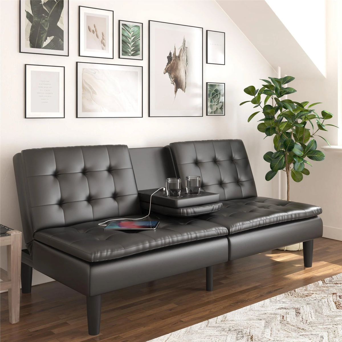 Memory Foam Futon with Cupholder and USB, Camel Faux Leather T805