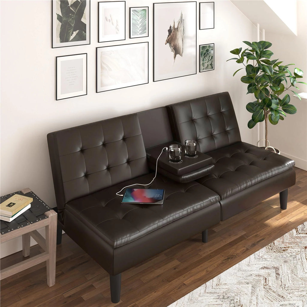 Memory Foam Futon with Cupholder and USB, Camel Faux Leather T805