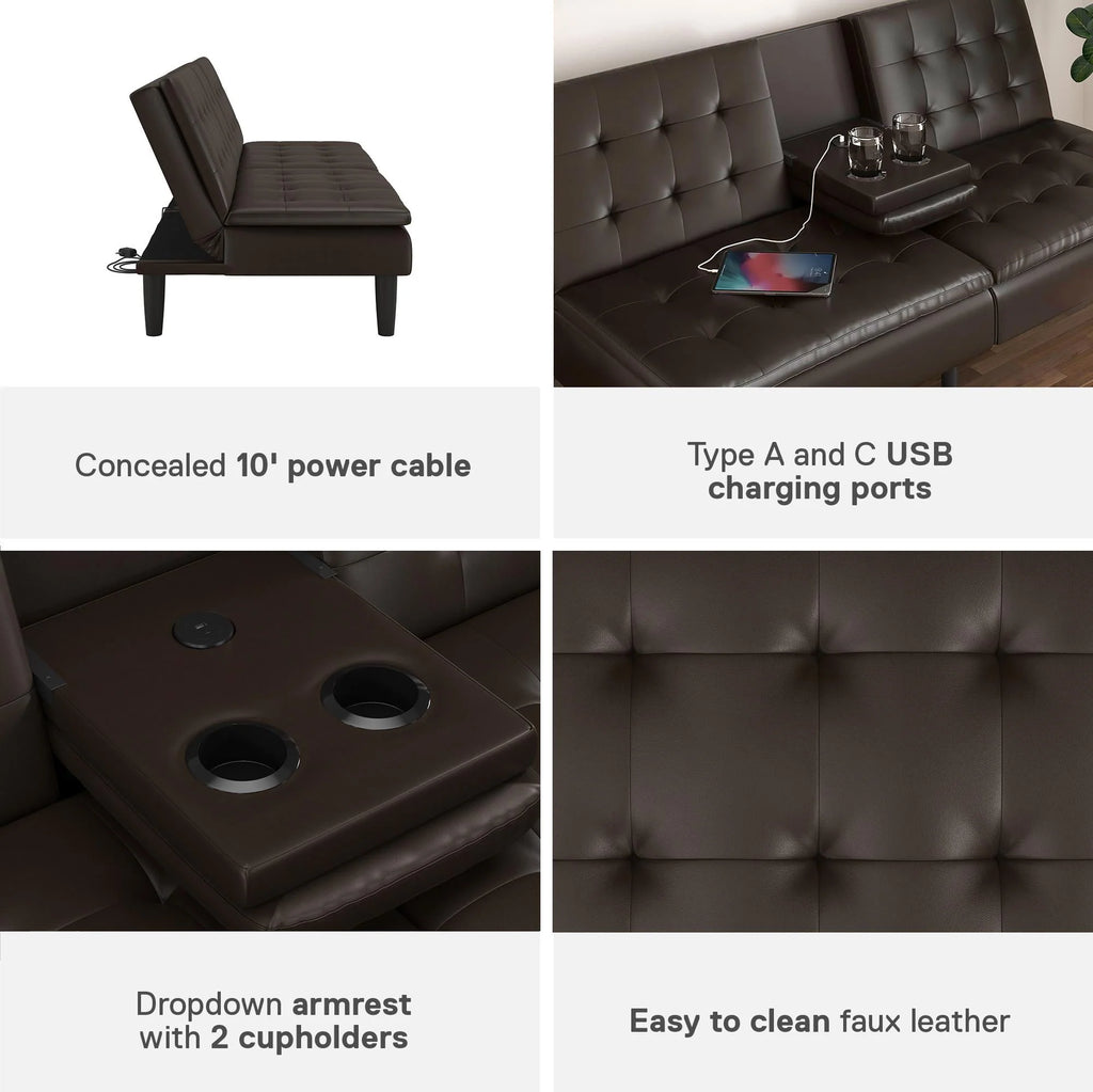 Memory Foam Futon with Cupholder and USB, Camel Faux Leather T805