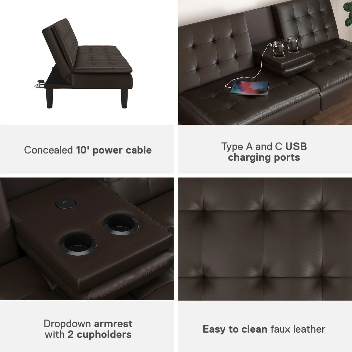 Memory Foam Futon with Cupholder and USB, Camel Faux Leather T805