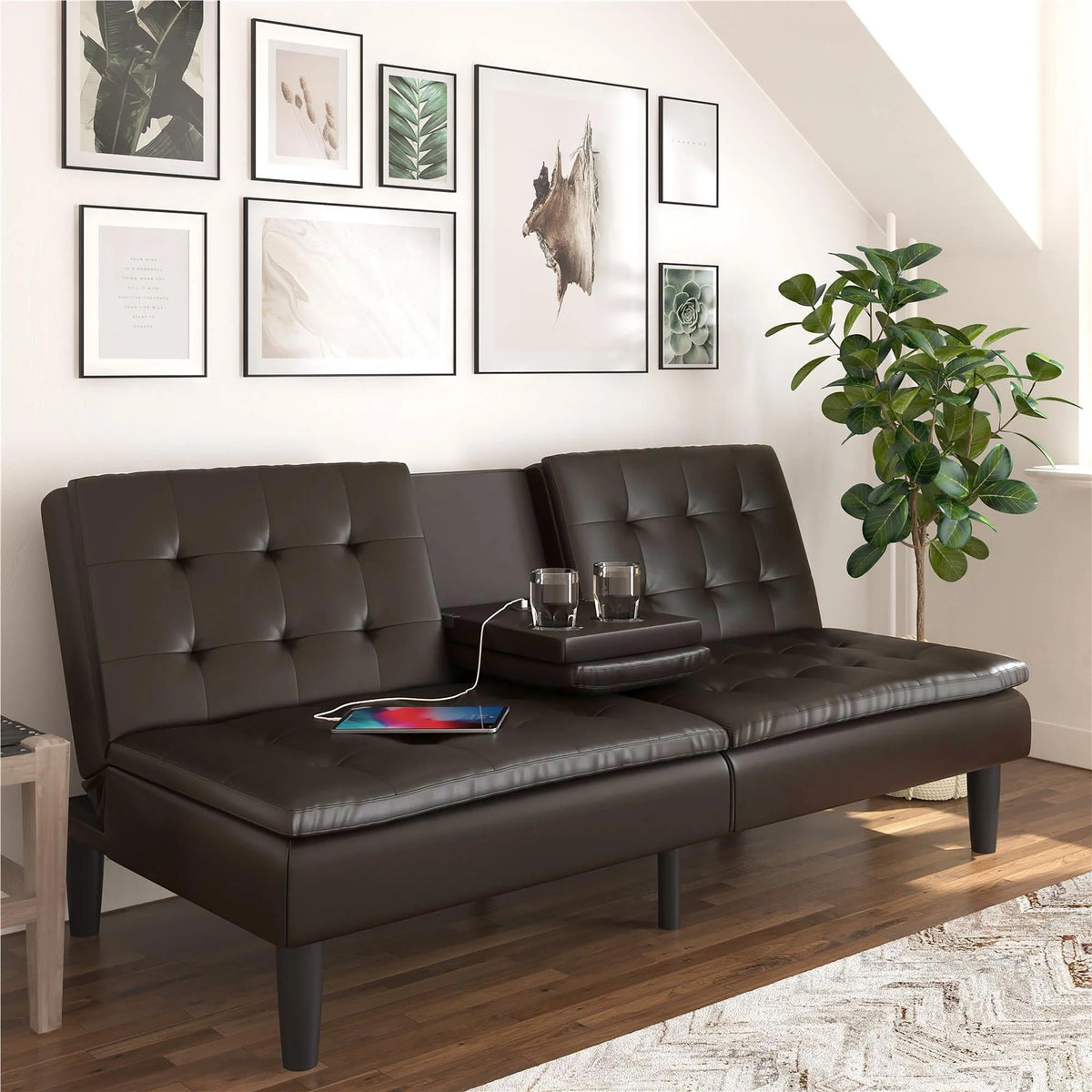 Memory Foam Futon with Cupholder and USB, Camel Faux Leather T805