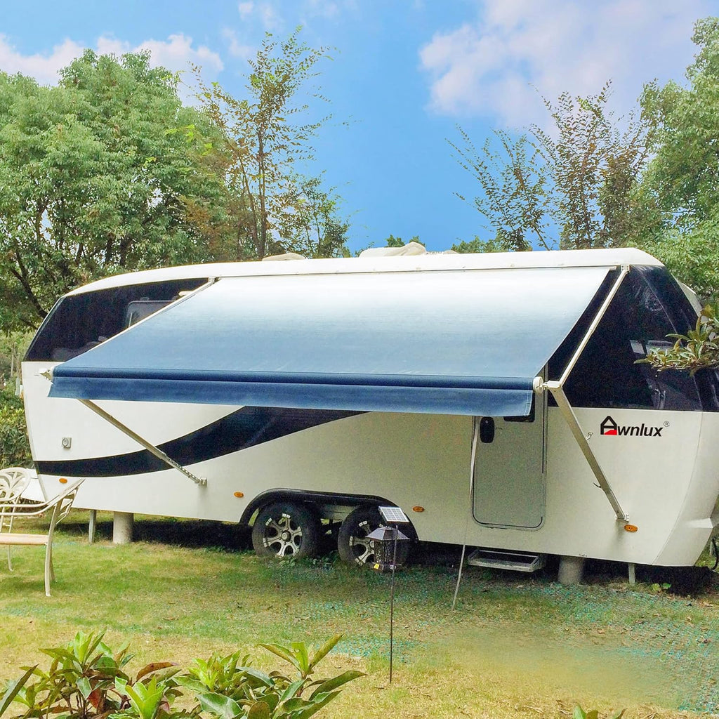 White Manual Modular Retractable RV Awning Full Set Assemblies, 10x8 Ft, Black Strip G51883