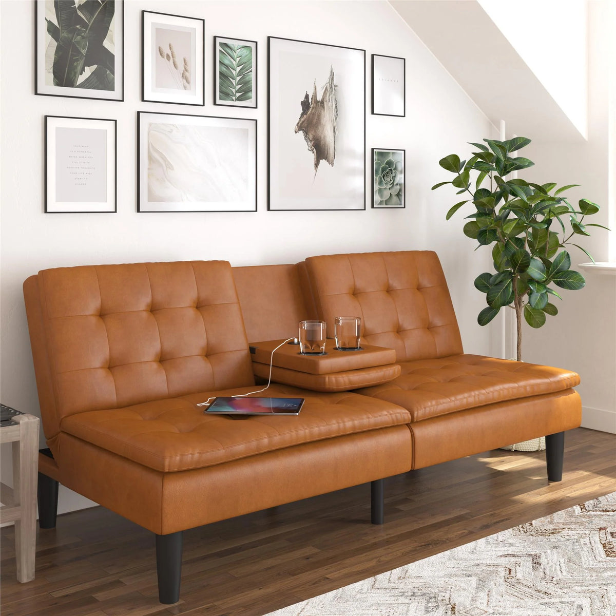 Memory Foam Futon with Cupholder and USB, Camel Faux Leather T805