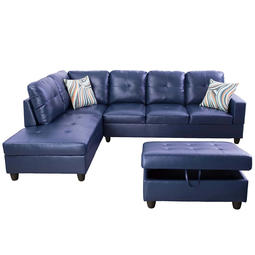 Blue PU Leather L-Shaped Sectional Sofa with Storage Ottoman B32724